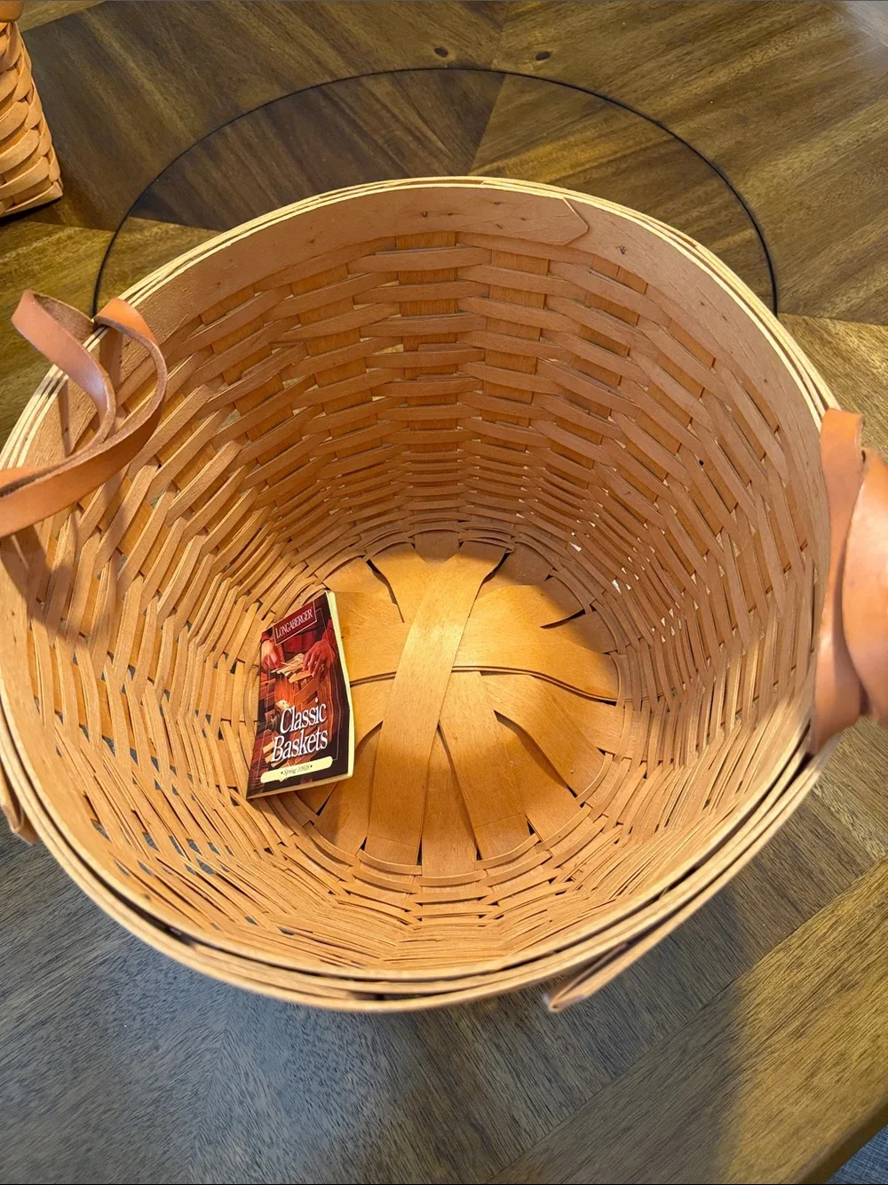 Longaberger Woven Tan Round small corn Basket with Leather Handles